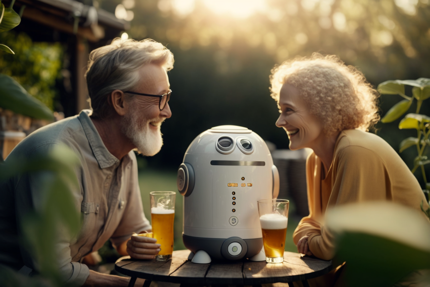 Image d'un couple de retraités heureux d'être ensemble. Ils boivent une bière. Un robot leur tient compagnie.