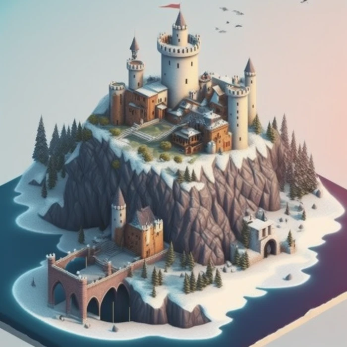 Généré par Midjourney v4 avec comme requête : "cute isometric island, Winterfell from Game of Thrones, blender 3D"