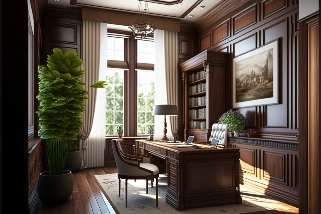 Généré par Midjourney v4 avec comme requête : "Interior Design, a perspective of of a study room with mahogany walls and a large desk of walnut wood, large windows with natural light, Light colors, plants, modern furniture, classical interior design"